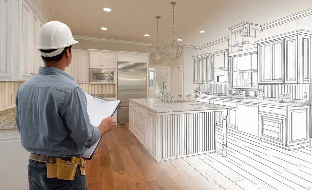 A family tours a partially built new home with framing exposed and open space for future rooms.