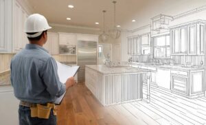A family tours a partially built new home with framing exposed and open space for future rooms.