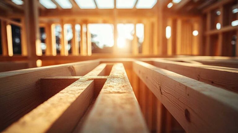 Two construction workers building a new single-family home’s wooden frame under a sunny sky
