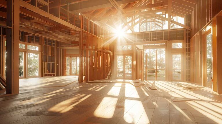 Bright modern home interior with efficient windows, comfortable seating, storage, and connected lighting controls.